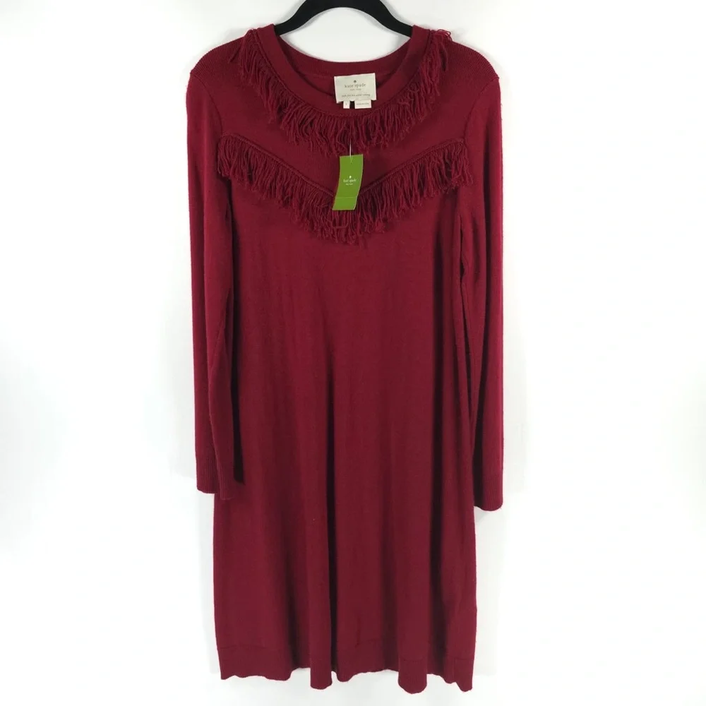 New Kate Spade New York WOOL Blend RussetRed Fringe Sweater Dress NJMU9336 SMALL